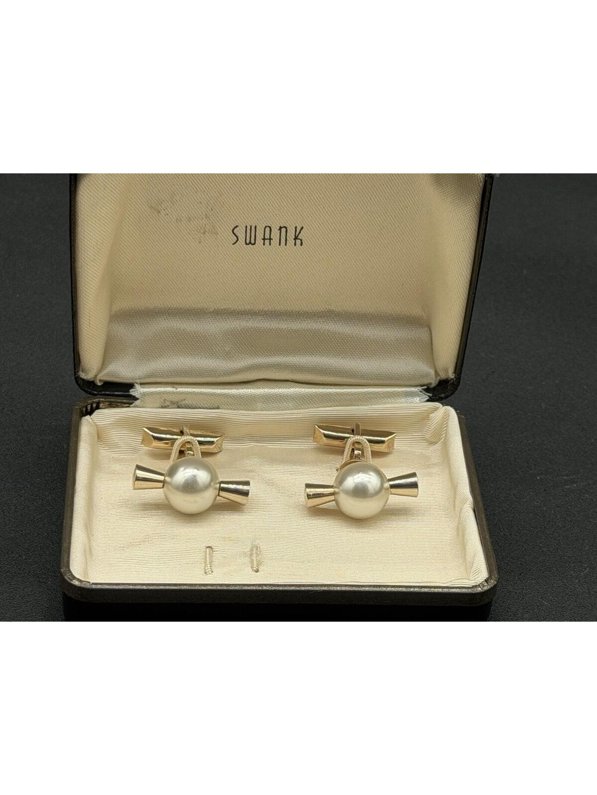 Vintage Swank Faux Pearl Gold Tone Cufflinks With Original Box